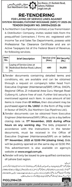 Sui Northern Gas Company Limited Lahore Tender Notice